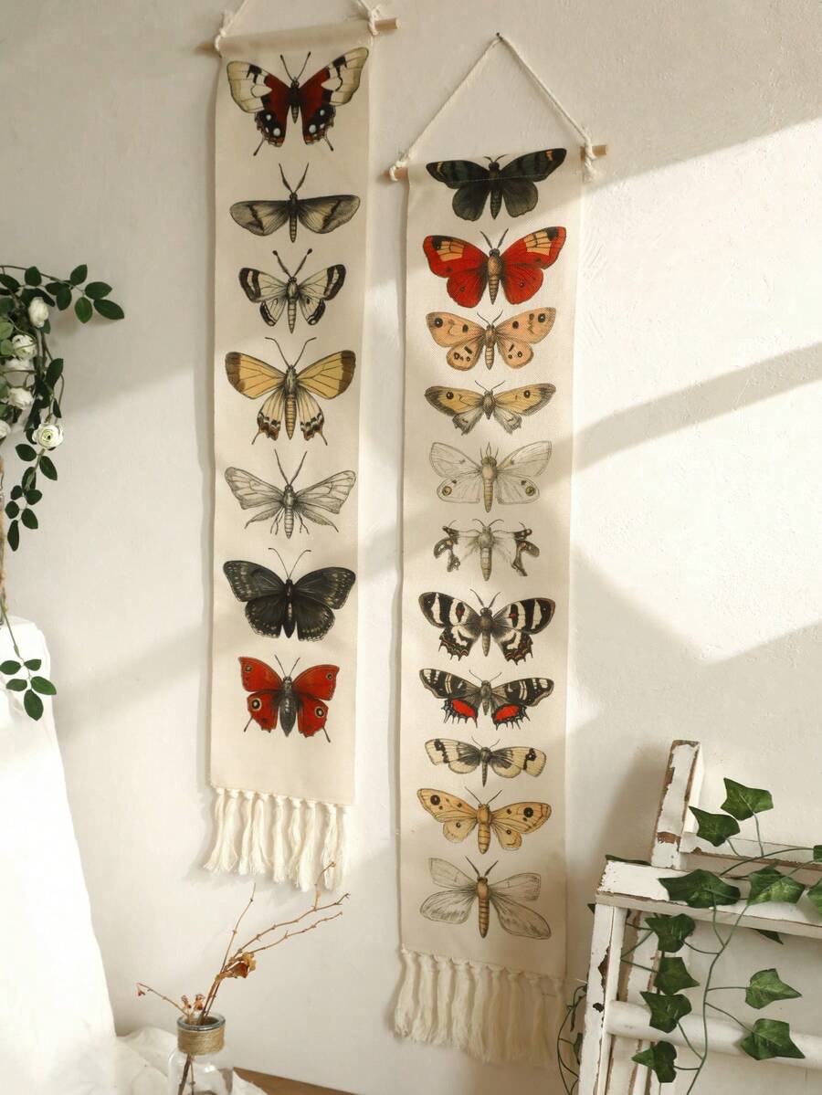1 Tấm thảm treo tường hình bướm cổ điển có tua rua – Biểu ngữ in mẫu bướm đêm cho đồ trang trí nhà theo phong cách Boho, nghệ thuật treo tường chủ đề thiên nhiên cho phòng ngủ, phòng khách, phòng học