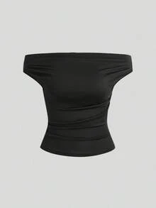 Conjunto de 3 piezas para mujer, top de un solo hombro con hombros descubiertos en color caqui marrón y negro liso, ropa informal corta y ajustada para el día a día. - Multicolor - Ver 3