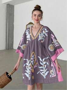 Vestido bohemio floral estampado de moda callejera casual y holgado, para primavera y verano - Morado - Ver 6