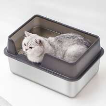 Stainless Steel Litter Box High Sides Anti Splashing Easy To Clean Enclosed Cat Litter Box For Small Medium Cats Small Size Black - As Shown - View 1
