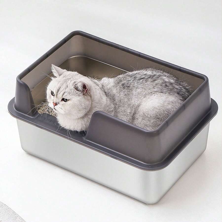 Stainless Steel Litter Box High Sides Anti Splashing Easy To Clean Enclosed Cat Litter Box For Small Medium Cats Small Size Black - As Shown - View 1
