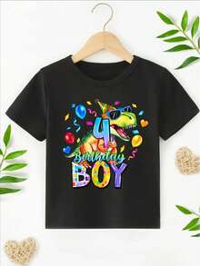 Boy's 4th Birthday Dinosaur Print T-Shirt Youngsters Casual Short Sleeve Comfy Versatile Summer Tops - 黑色 - 查看 2