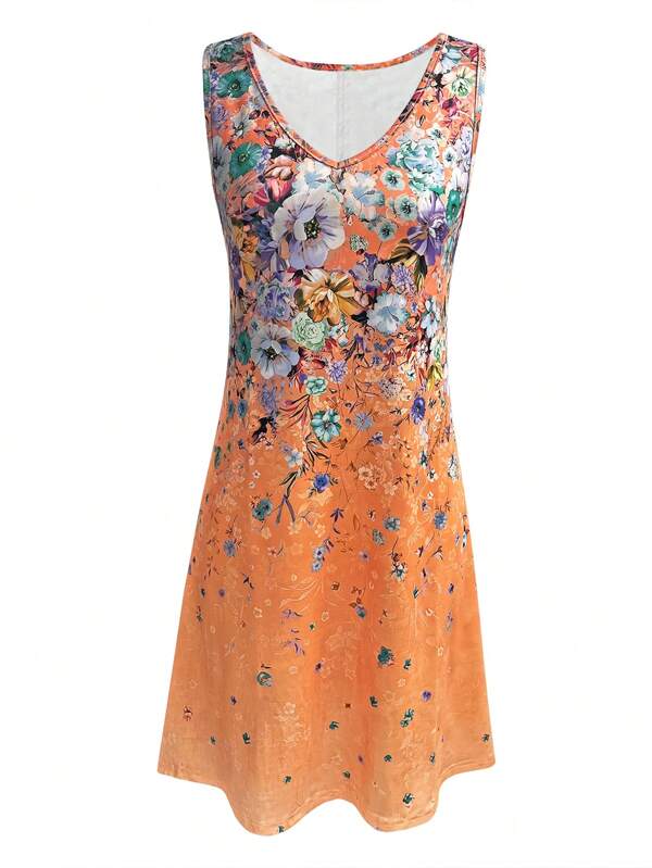 Summer Women's Fashion Ditsy Floral Print Dress V-Neck Sleeveless Vest Dress Knitted Women's Clothing, Leisure Vacation