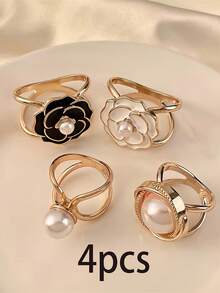 4PCS Accessories Women Fashion Hijab Pins Casual Simple Bohemian Style Gold Faux Pearl Silk Scarf Combination Buckle Corner Knot Ring Multi-Functional Scarf Fixed Buckle For Dress - Multicolor - View 8