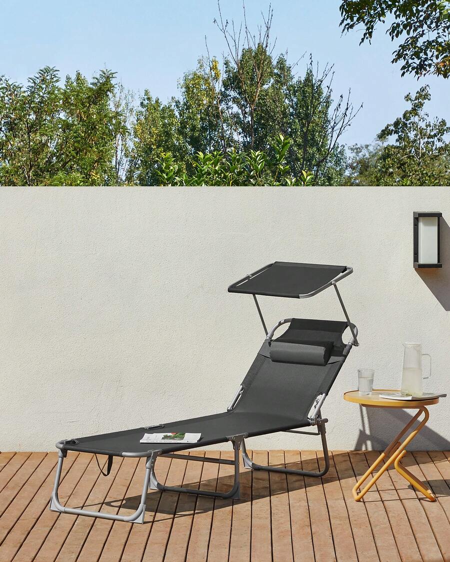 SONGMICS Bain de Soleil, Chaise Longue Pliable, Transat, 193 x 53 x 29 cm, Capacité 150 kg, Pare-Soleil, Dossier Inclinable, Jardin, Piscine, Terrasse, Rouge/ Bleu/ Noir/ Taupe/ Grège - Gris foncé - Voir 1