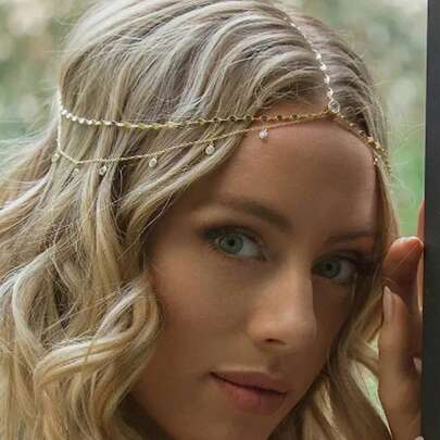 1 件金色时尚波西米亚风格头链，优雅合金链配水钻吊坠装饰，适合女性节日、派对和日常珠宝佩戴