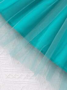 Young Girl Floral Print Mesh Long Sleeve Dress With Waist Belt