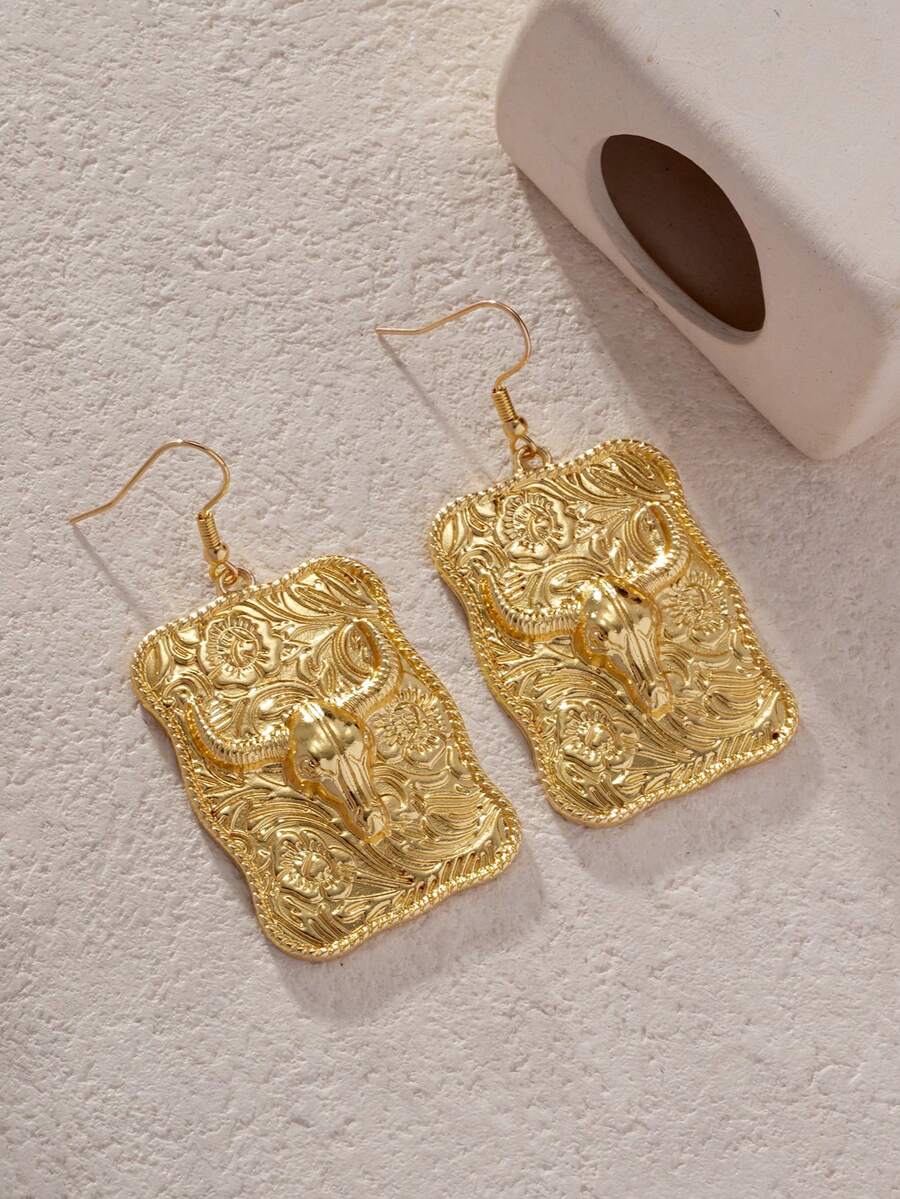 1 对西部牛仔哥特朋克复古独特牛头金属耳钉，适合日常通勤、办公室、线下活动、派对、服装搭配、与朋友聚会 - 方塊牛頭 - 查看 1