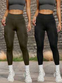 2pcs Women's Outdoor Sport Pants, Multi-Color Elastic High Waist Yoga Leggings With Pockets, Suitable For Cycling, Running, Tennis, Golf, Spring & Summer