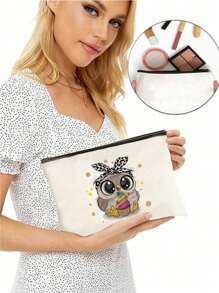 Cute Owl Who Loves Ice Cream Letter Cartoon Printed Cosmetic Bag, Cosmetic Bag, Print Cosmetic Bag, Makeup Bag, Gift For Girls, Cute Retro Simple Fashion Letter Pattern Printed Bag Storage Bag, Cosmetic Pouch For Small Items Storage, Storage Bag Suitable For Personal Travel Cosmetics Storage, For Holiday Beach, Bathroom Collection, Bedroom Collection, Large Capacity