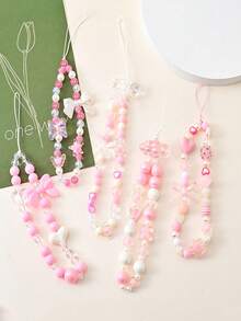 1pc Pink Sweet Butterfly Beaded Phone Lanyard, Short Decorative Cellphone Strap Accessory