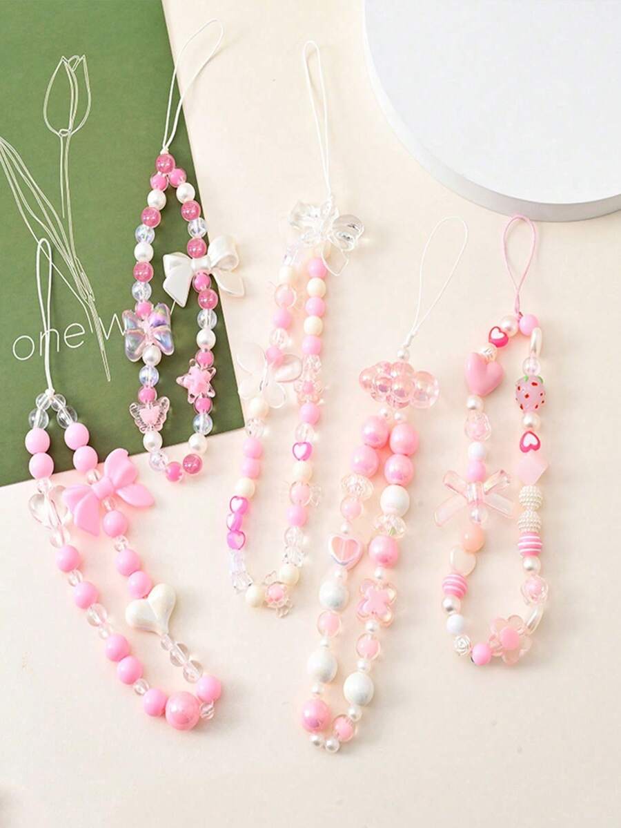 1pc Pink Sweet Butterfly Beaded Phone Lanyard, Short Decorative Cellphone Strap Accessory