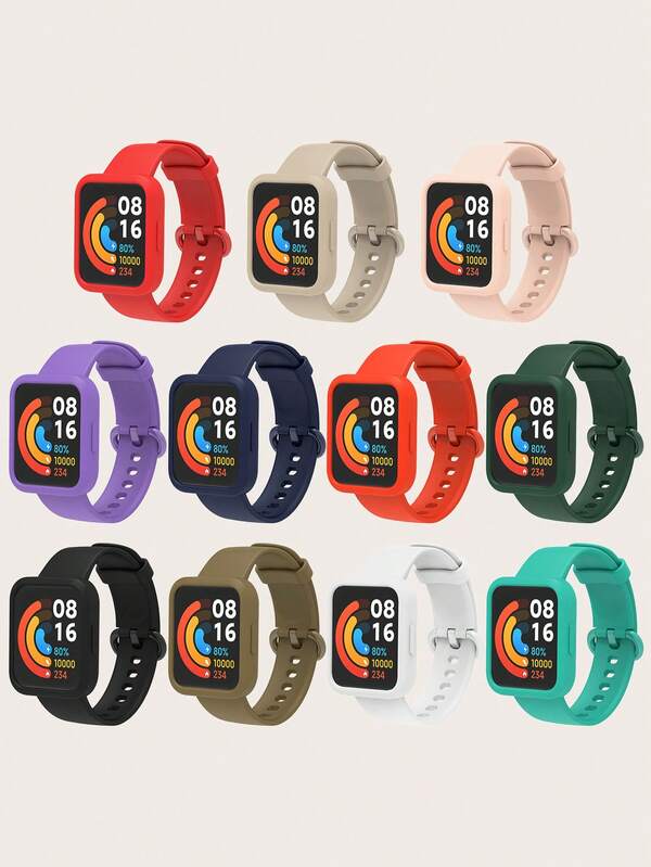 Set de 2 piezas: Correa de reloj inteligente de silicona de unicolor y casual desmontable + Carcasa protectora de silicona semicerrada, apta para usar todo el día, compatible con Redmi Watch 2 Lite