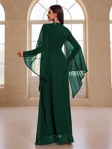 YISIKADO 水钻雪纺女士优雅连衣裙圆领印花不对称长袖舞会派对女士礼服正式和晚礼服 - 墨綠色 - 查看 3