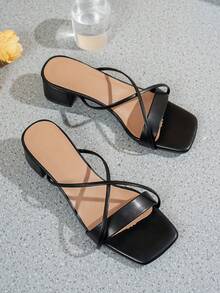 女士高跟凉鞋、黑色高跟凉鞋、夏季黑色鞋、简约高跟鞋、粗跟凉鞋、系带凉鞋、穆勒鞋 - 黑色 - 查看 4