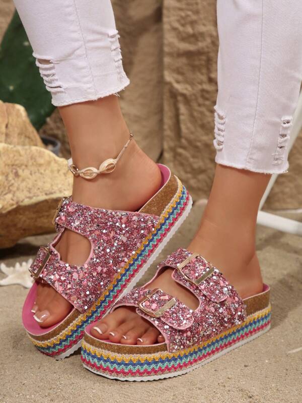 2025 Spring/Summer New Casual Fashionable Women Slip-On Sandals, Double Buckle Rhinestone Soft Thick Bottom Slippers For Indoor Outdoor Beach, Random Floral Retro Pattern