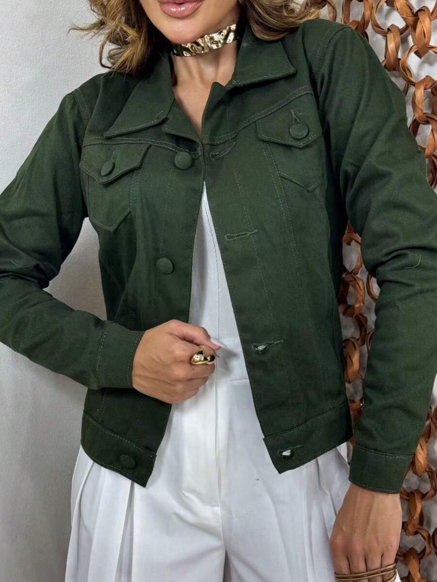 Women's Denim Jacket With Hem Detail 008 - Verde escuro 008 - 查看 1