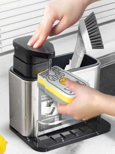 Kit Escorredor e Dispenser de Pia Inox Organizador de Utensílios Premium com 4 Divisórias Com Drenagem de Água