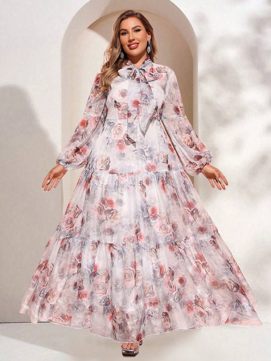 Plus Size Elegant Floral Print Lantern Sleeve Tie Neck Dress ...