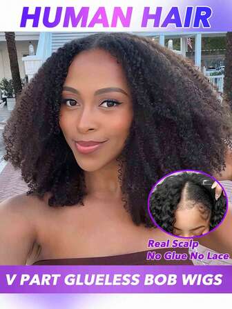 Afro Kinky Curly V Part Bob Wig Human Hair Short Bob Wigs For Women Upgrade U Part Wigs Glueless Full Head Clip In Half Wig V Shape Wigs No Leave Out Lace Front Wigs Natural Black 180% 250% Density V Part Wig Rose Net Cap Suitable For All Ethnicities 8 10 12 14 16 Inch Ideal For Daily Wear And Parties