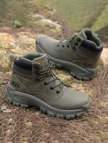 Men's High-Top Military Tactical Work Boots, Leather Motorcycle Combat Boots, Lightweight Hiking Boots, Casual Shoes - Army Green - View 4