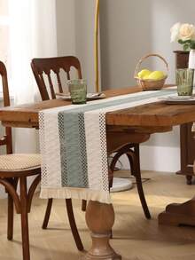 1 pieza Camino de mesa a rayas de estilo estadounidense retro, camino de mesa con flecos tejidos de doble color, apto para sala de estar, dormitorio, cocina, mesa de café, gabinete de TV, mantel con estampado de flores