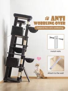 81in Multi-Level Tall Cat Tree Tower For Indoor Kitties/Larger Cat Condo Furniture With Hammock/Cozy Pussycat Perches/Sisal Scratching Posts/Pet House/Wide Base, Grey|Beige|Dark Grey|Pink|Leopard Print|White & Black Spot - 深灰色 - 查看 8