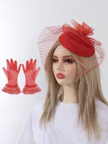 1pc Women's Vintage Red Rose Mesh Fascinator Hat, Fashionable Mesh Gloves, For Evening Party Modeling Show Performance And Decoration Valentine's Day Valentines