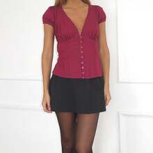 Women Y2k Puff Short Sleeve Shirt V Neck Lace Trim Button Down Slim Fit Blouse Solid Going Out Tops - Màu Hồng Tươi - Xem 2