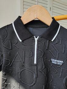 Chatreadl 2 件套年轻男孩休闲时尚 Polo 领针织上衣和短裤字母图案服装，适合春季、夏季、秋季户外 - 黑色 - 查看 3