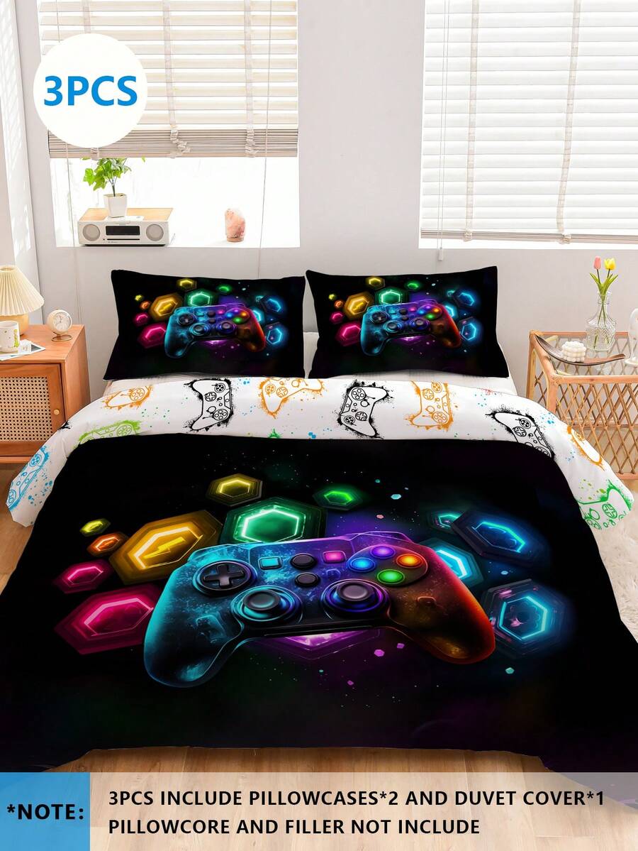 Juego de ropa de cama de 3 piezas con diseño de control de juegos, incluye 1 funda nórdica y 2 fundas de almohada de microfibra suave, adecuado para dormitorio, dormitorio (niños/niñas) o viaje - Multicolor - Ver 1