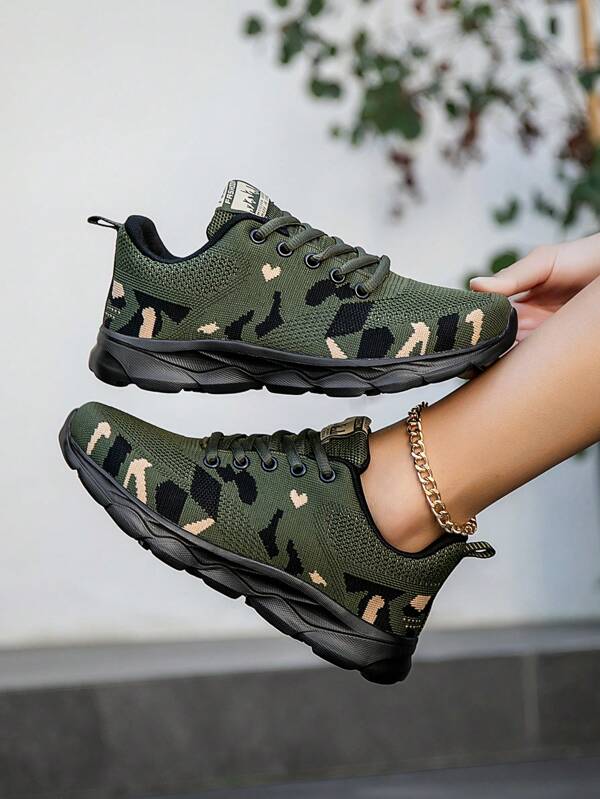 Women's Low-Top Mesh Lace-Up Sneakers, Breathable Casual Camo Print Athletic Shoes, Lightweight Comfortable Outdoor Running Shoes, Platform Thick Sole Trainers