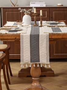 1 件奢华复古镂空编织流苏桌旗，装饰隔热餐垫，适用于橱柜、咖啡桌 - 灰色 - 查看 7