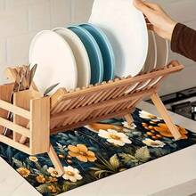 1 pieza Alfombra absorbente con estampado floral/Alfombra de secado, Protector de mesa de poliéster para encimera de cocina, cafetera, utensilios - Mantel individual para barra del hogar y mesa de comedor