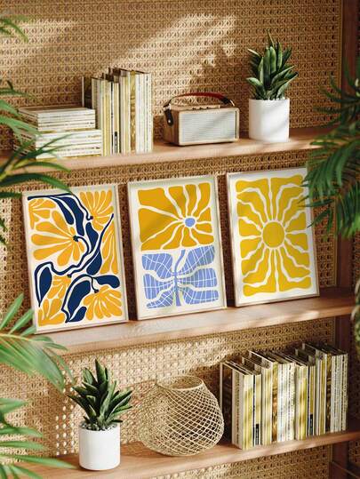 1 pieza Cartel de arte minimalista moderno con flores amarillas onduladas, impresión en lienzo, decoración floral artística, hermosa decoración de pared abstracta, para sala de estar, dormitorio, oficina, hogar, sin marco