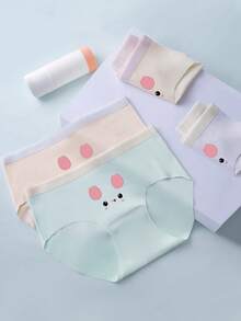 5pcs Tween Girl Cartoon Print Seamless Silky Underwear, For Spring And Summer Student Base Layer