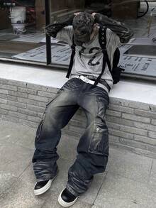 1件复古美式男士宽松多口袋水洗牛仔工装裤，高街设计，阔腿牛仔裤（不含腰带和配饰） - 藍色 - 查看 6