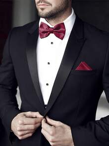 1 Set Men's Solid Color Formal Bowtie & Pocket Square Set, Wedding Groom Necktie Suit Handkerchief 2 Pieces Set, Men's Gift (Pocket Square Size: 22x22cm) - Wine Red - View 2
