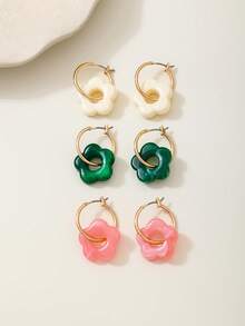 3 Pairs Fashionable Colorful Acrylic Flower & Geometric Hoop Earrings With Tassels, Elegant Earring Sets For Women, Suitable For Daily Commute, Travel, Gifts, Dates, Parties, Beach Vacation