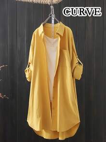 Plus Size Women's Solid Color Long Sleeve Button-Up Shirt - Yellow - View 1