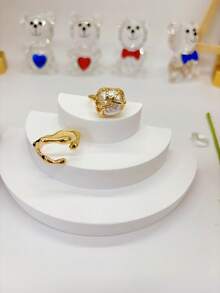 2pcs/Set Fashionable Unique Design Rings For Women, Asymmetrical Moon & Pearl Ring, Luxurious - Yellow Gold - View 10