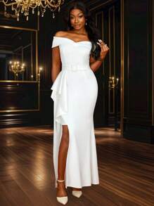 Vestido blanco elegante largo con hombros descubiertos, volantes y abertura para dama de honor, boda, fiesta nupcial, graduación, novia