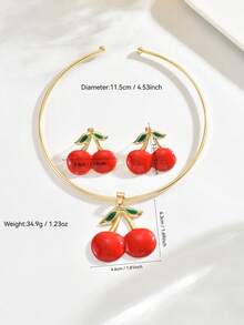 1 Set 3pcs Exaggerated Red Cherry Openable Necklace And Earrings Set, Unique Minimalist Fashion Fruit Cherry Pendant Necklace Earrings Set, Suitable For Women Daily, Vacation, Party Wear - Gold - View 4
