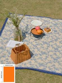1pc French Romantic Vintage Floral Print Picnic Mat, Navy Blue Lace Trim, Thick & Durable, Multipurpose Covering Blanket Perfect For Outdoor Picnic, Family Gathering, Backyard, Afternoon Tea, Photography Background, Suitable For All Seasons