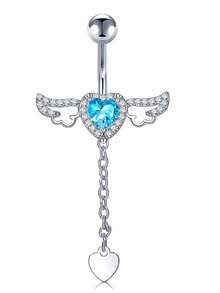 女士不锈钢防过敏 14G 肚脐穿孔饰品 - 心形 CZ 吊坠肚脐环，蓝色 - 彩色 - 查看 11