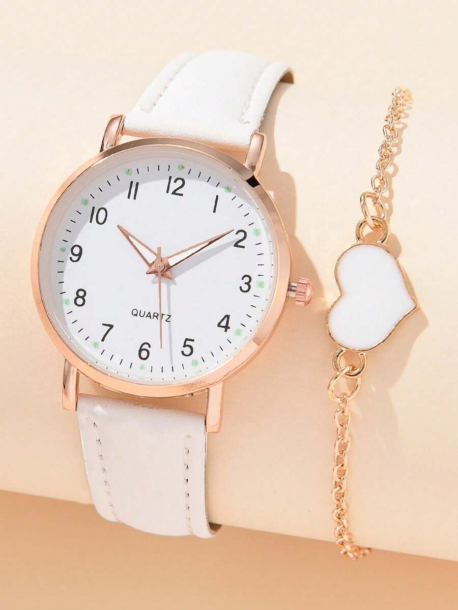 2pcs/Set Casual Numeric Glowing Pointer Quartz Watch Set For Women, Fashionable Leather Strap Student Watch, Versatile - White - View 1