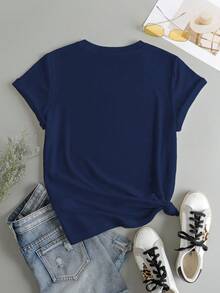 Customized Women's Short Sleeve T-Shirt, Add Your Text (Quote/Special Sentence/Funny Sentence/Name/Slogan, Etc.), Choose Favorite Colors And Fonts, Design Your Own Personalized Printed T-Shirt As A Gift For Girlfriends, Can Be Used For Anniversary, Valentine's Day, Mother's Day, Birthday, Holiday, Stylish, Fashion Summer - Navy Blue - View 3