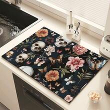 1 pièce Décoration d'Halloween, Décoration de maison, Tapis absorbant pour cuisine et salle de bain avec imprimé crâne floral et papillon, design rayé et à carreaux, protège-éclaboussures de robinet et tapis de vidange - Multicolore - Voir 8
