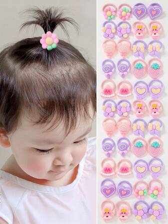 20 条装婴儿/女孩彩色发带，配紫色蝴蝶结、粉色草莓、心形装饰，可爱发饰，温和呵护秀发，日常使用