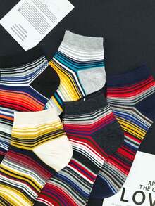 5pcs/Set Men's Striped Rainbow Multicolor Stripes Patchwork Casual Boat Socks - Multicolor - View 6